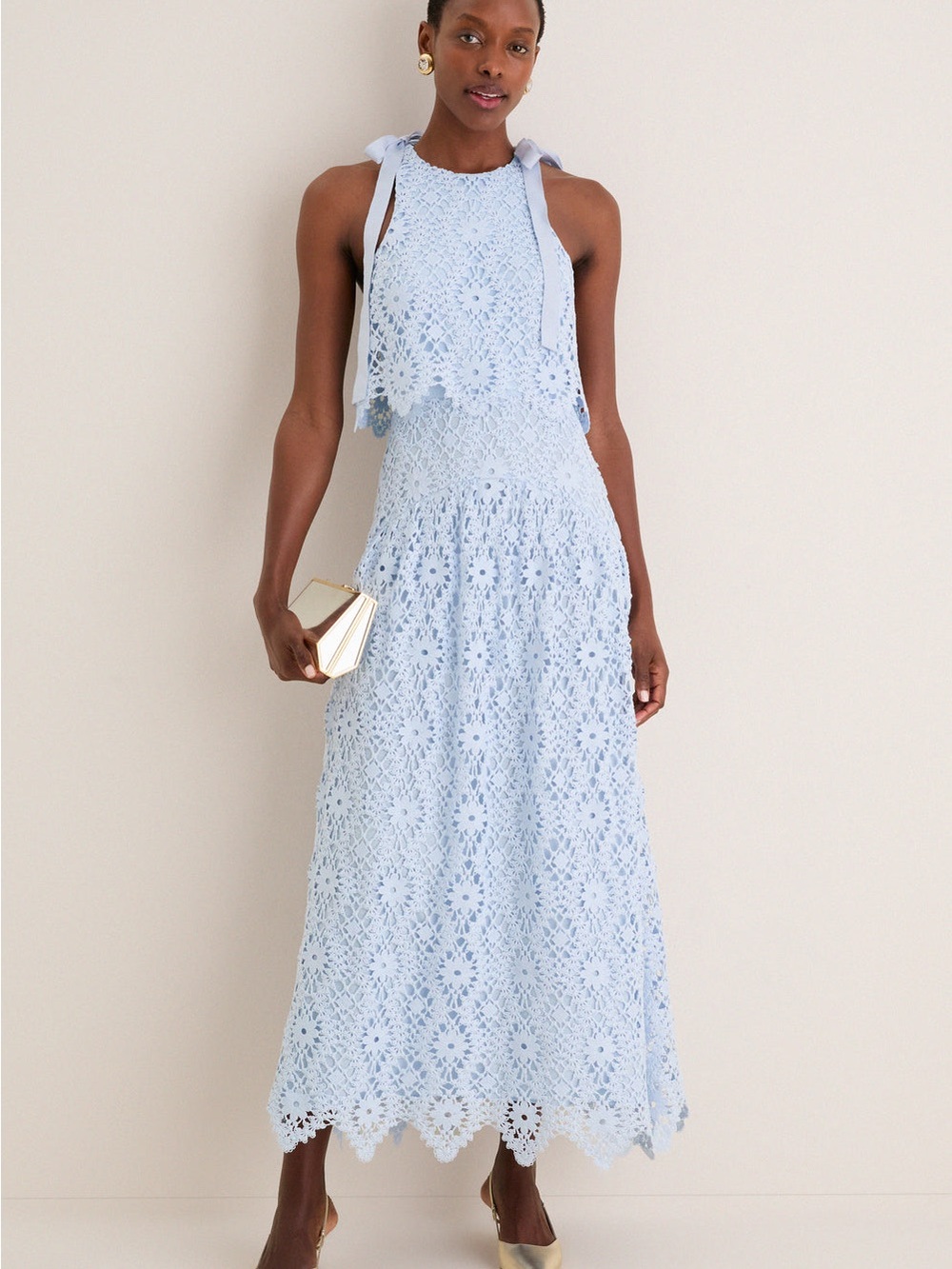 Saylor Light Blue Crochet Halter Midi Dress